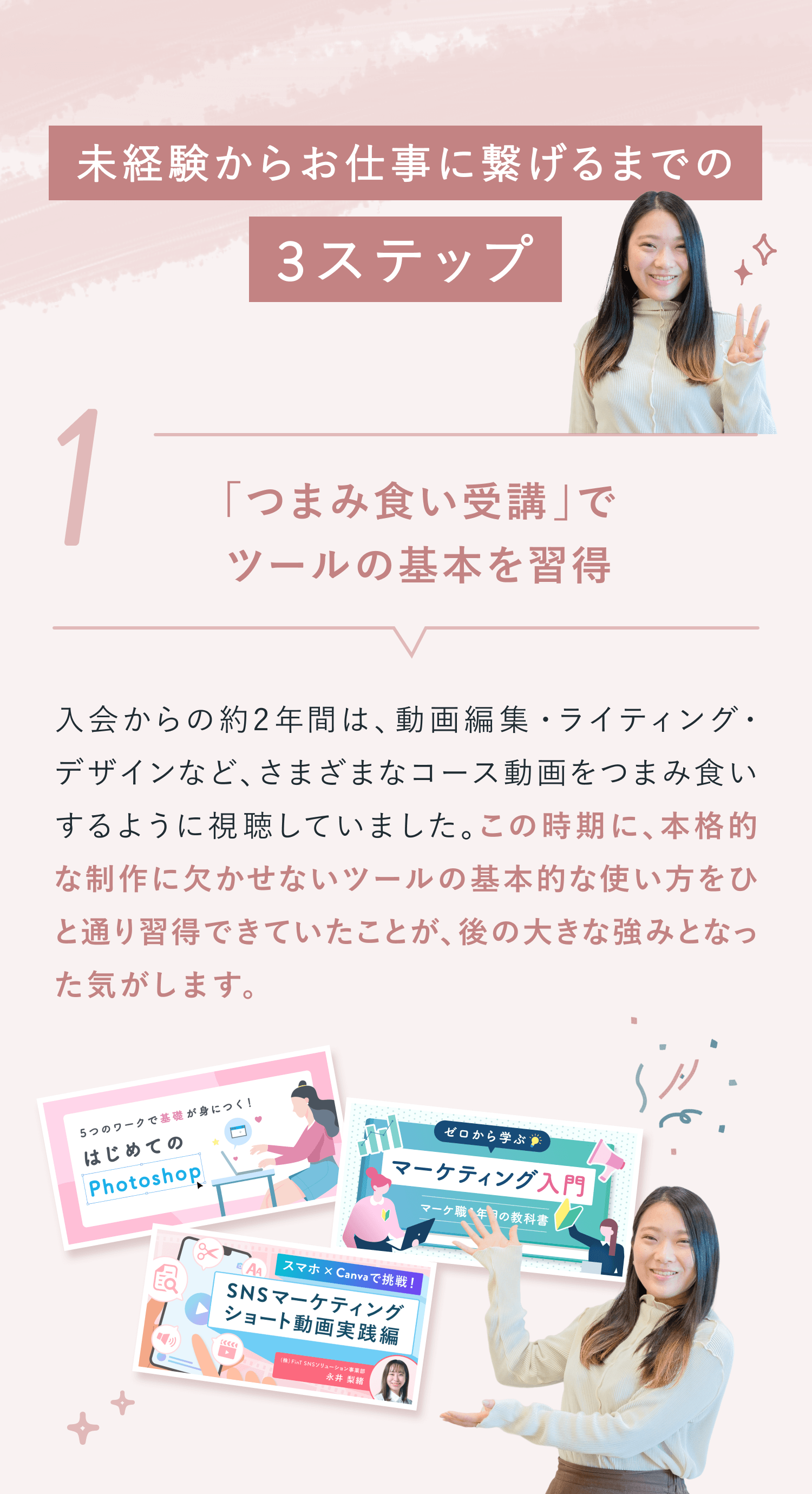 未経験からお仕事に繋げるまでの3ステップ

ステップ1. 「つまみ食い受講」でツールの基本を習得