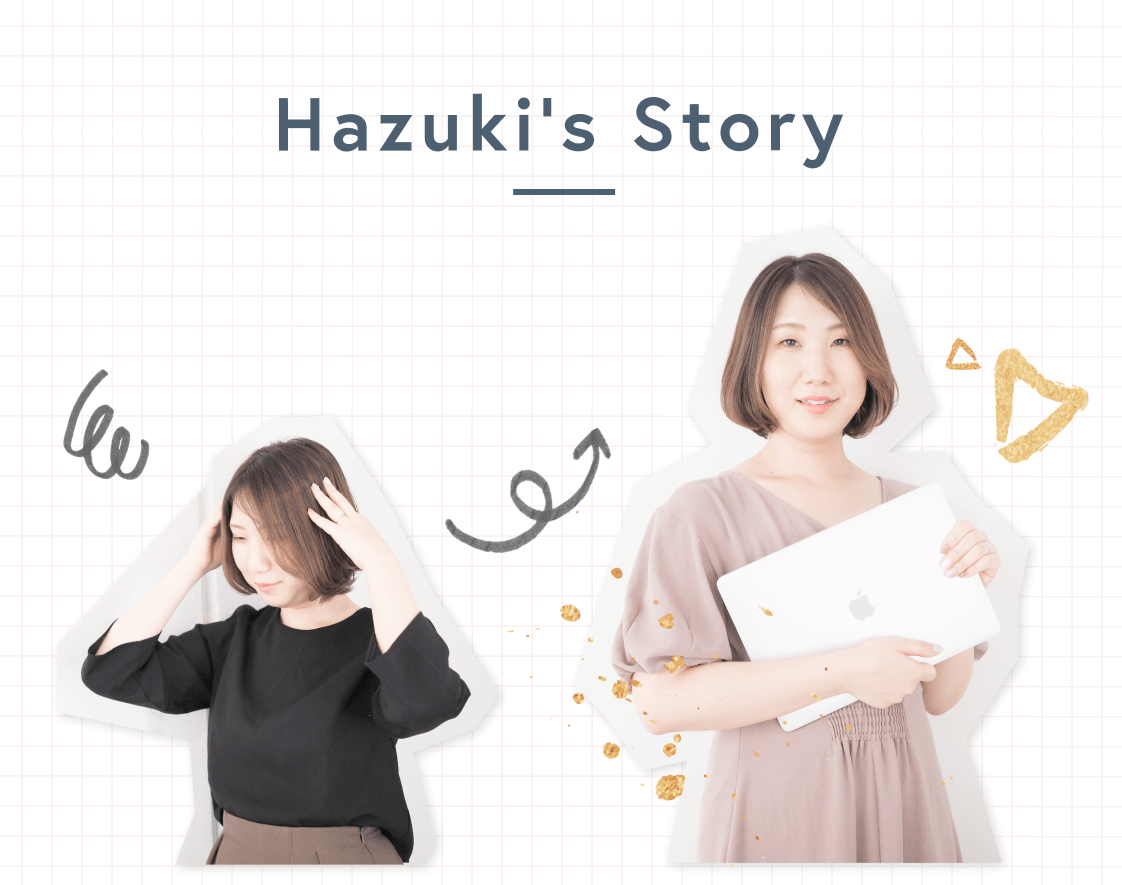 Hazuki's Story　頭を抱える黒トップス姿の女性（Before）　ノートパソコンを抱えて微笑む女性（After）