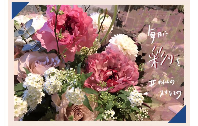 ピンクと白の花で構成された花束の写真（「毎日に彩りを ＃わたしの好きなもの」の文字入り）