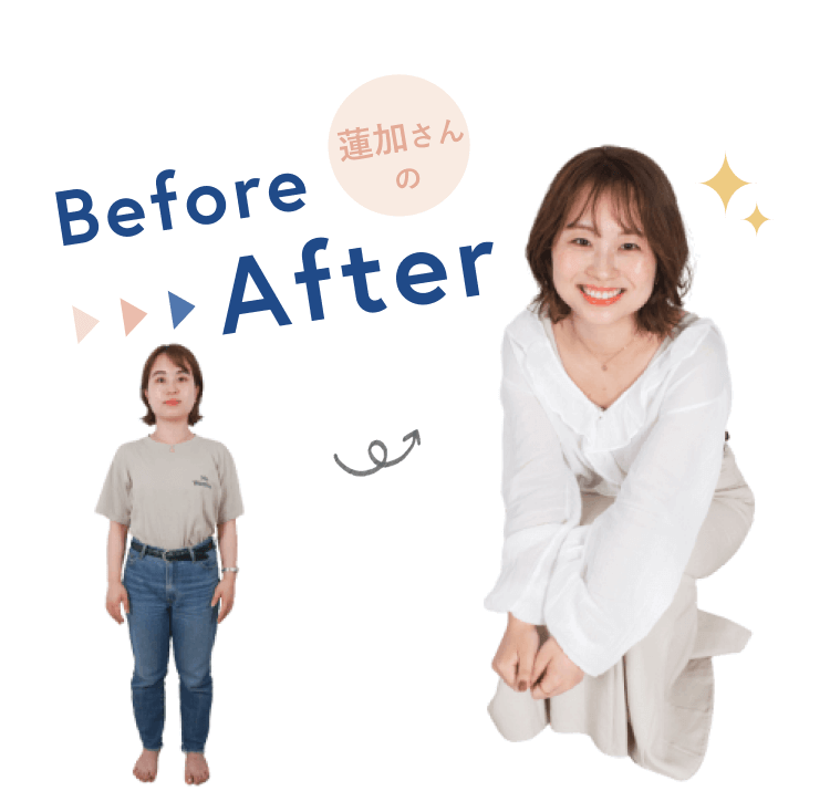蓮加さんのBefore▶▶▶After。Tシャツ・デニム姿で直立する蓮加さん（Before）と、白いブラウス姿でしゃがみポーズの蓮加さん（After）の全身比較写真
