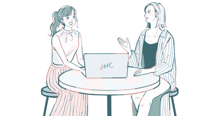 向かい合ってテーブルで話す2人の女性のイラスト