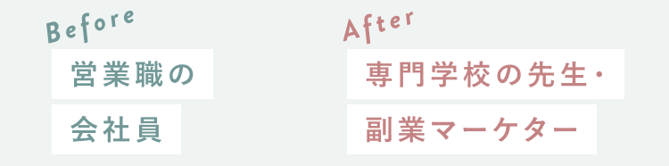 Before：営業職の会社員　After：専門学校の先生・副業マーケター