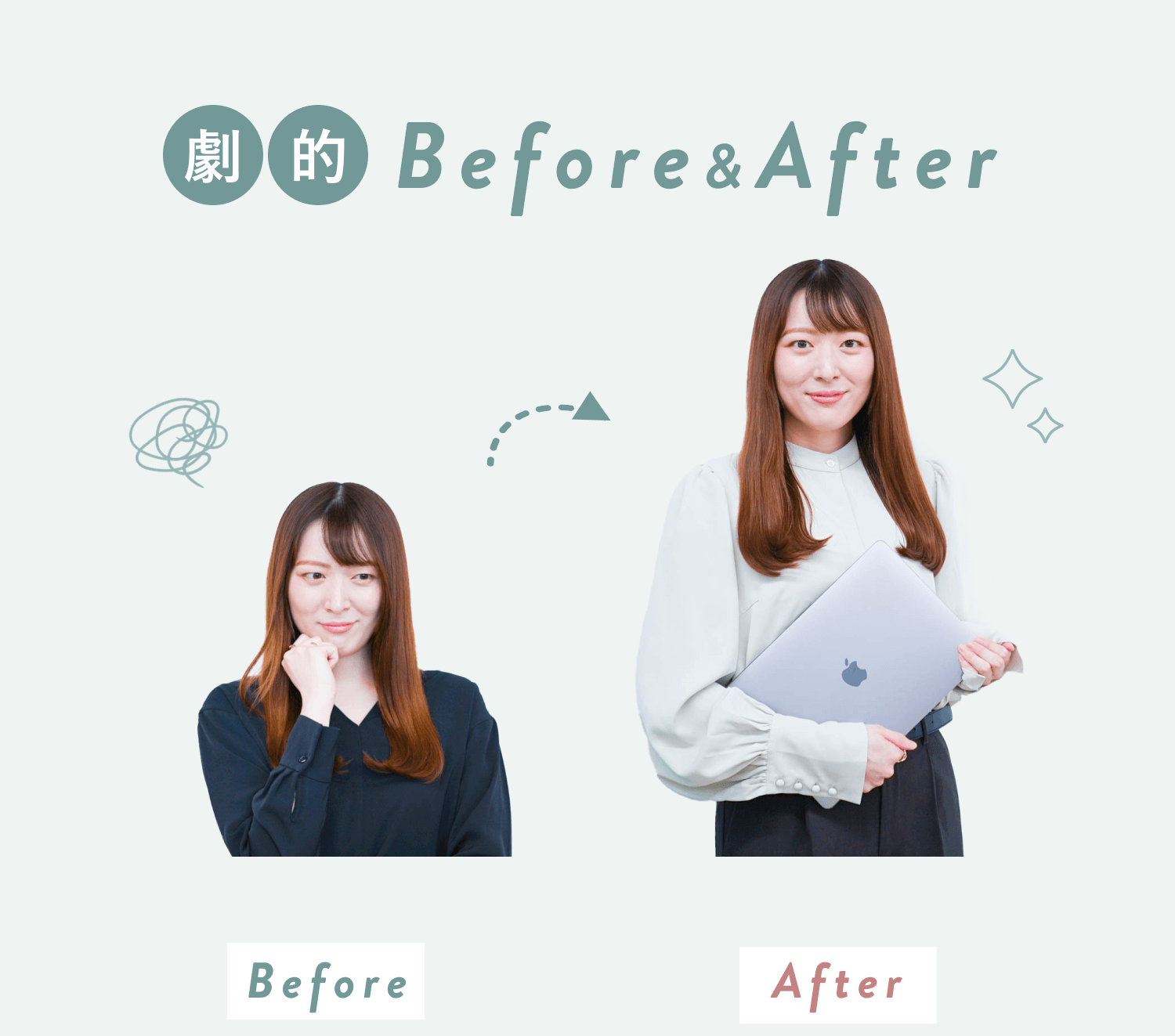 劇的Before&After。Beforeは黒い服で佇む女性、Afterはノートパソコンを抱えて微笑む女性。