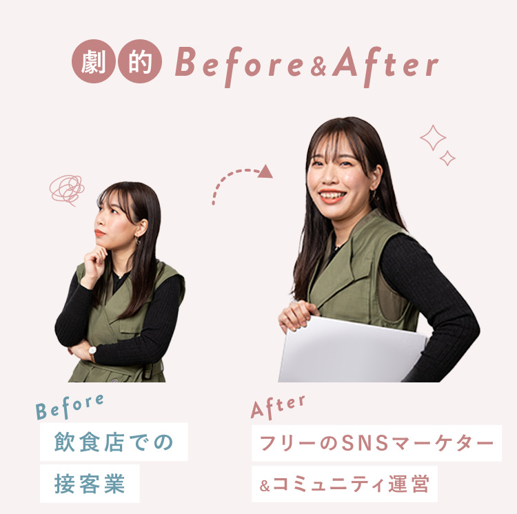 劇的Before&After。Beforeは飲食店での接客業。AfterはフリーのSNSマーケター＆コミュニティ運営。