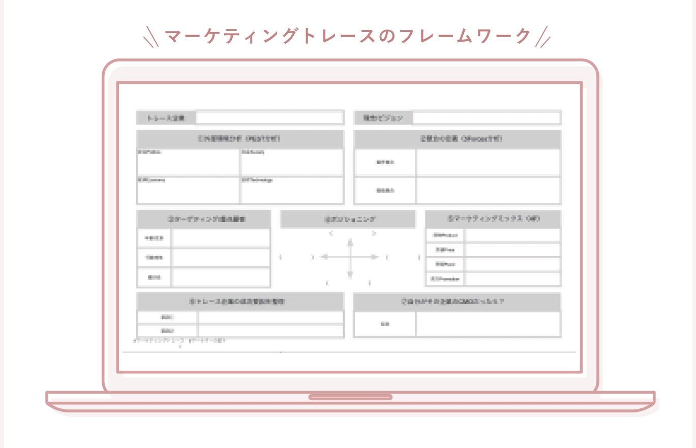 \ マーケティングトレースのフレームワーク / ノートパソコンの画面にマーケティングトレースの記入シートを表示した図解