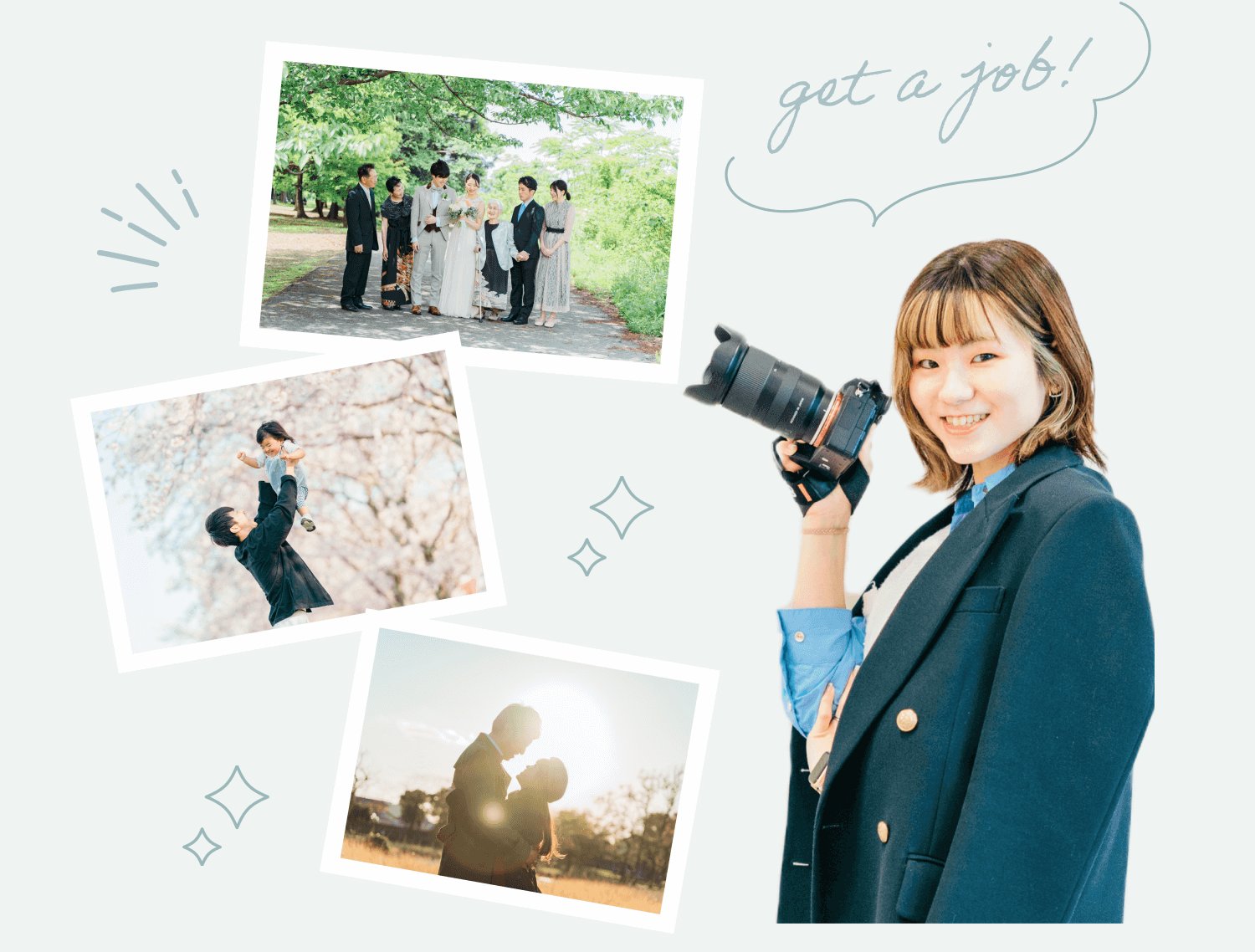 カメラを構えて微笑む彩華さんと、撮影した写真3点(結婚式の集合写真、桜の下で子どもを抱き上げる父親、夕景で寄り添うカップル)のコラージュ