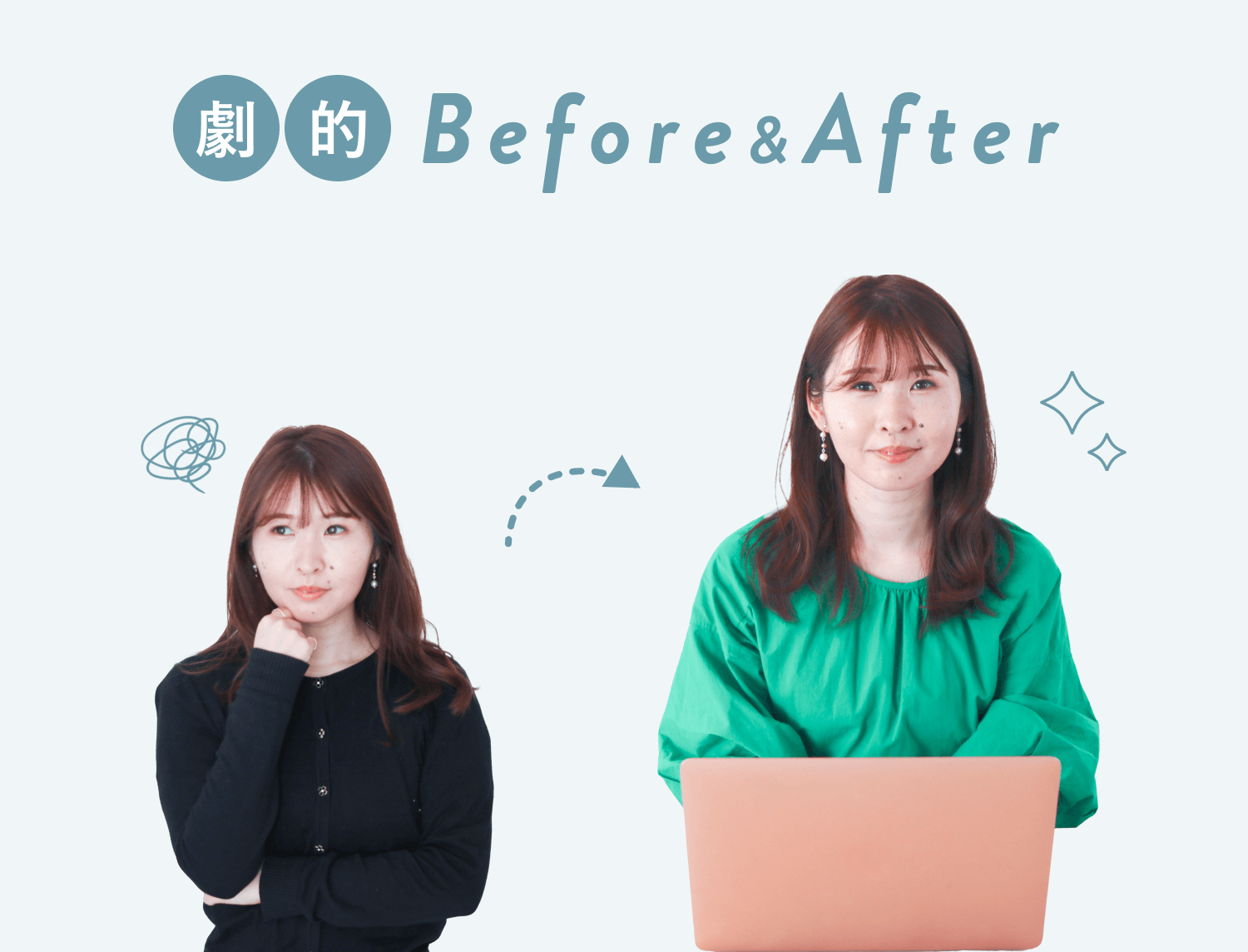 劇的Before&After。Beforeは頬に手を当て考え込む黒トップス姿の女性の写真、Afterはノートパソコンを前に微笑む緑ブラウス姿の女性の写真
