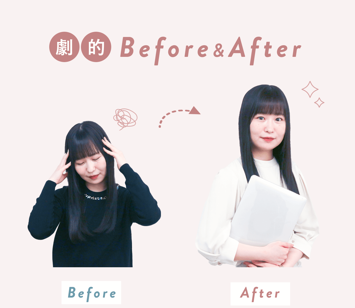 劇的Before&After。Beforeは頭を抱えて俯くMIYUさん、Afterはノートパソコンを抱えて微笑むMIYUさん。