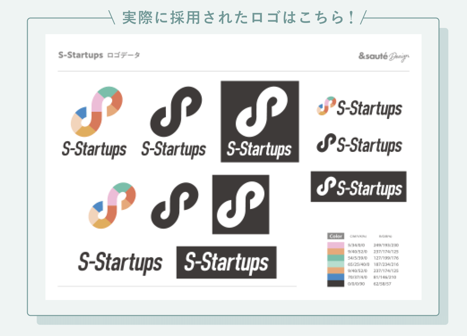 「実際に採用されたロゴはこちら！」というラベルと、採用されたS-Startupsロゴのバリエーション一覧・カラーコード表を収めたスクリーンショット