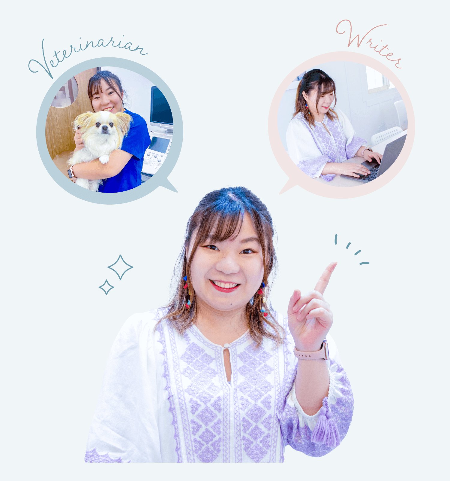 円形の吹き出しフレームで「Veterinarian」(犬を抱く診察着姿の本人)と「Writer」(ノートPCに向かう本人)の2カットを配し、中央に指差しポーズで笑う本人のポートレート