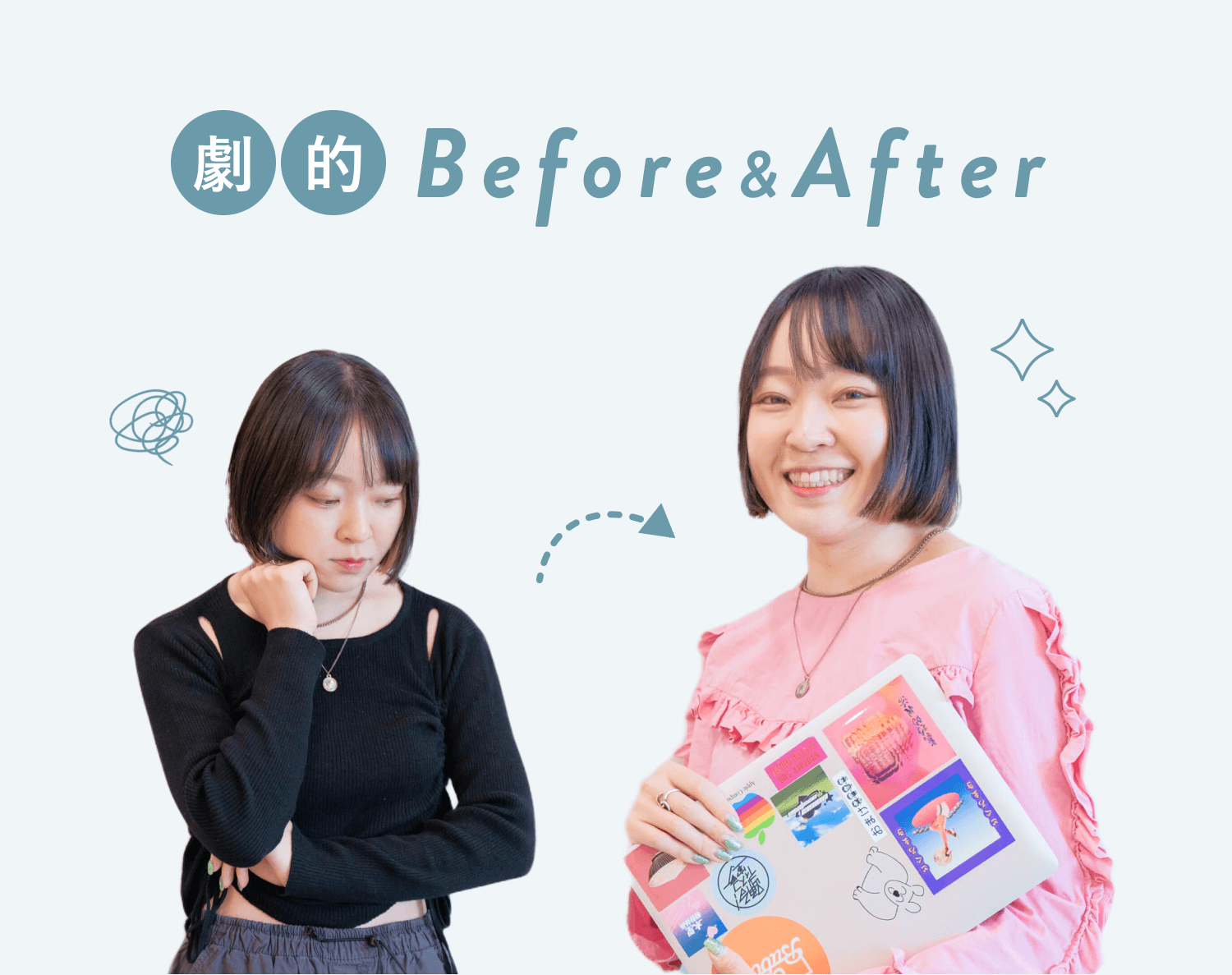劇的Before&After。Beforeは思い悩む表情のenariさんの写真。Afterはタブレットを抱えて微笑むenariさんの写真