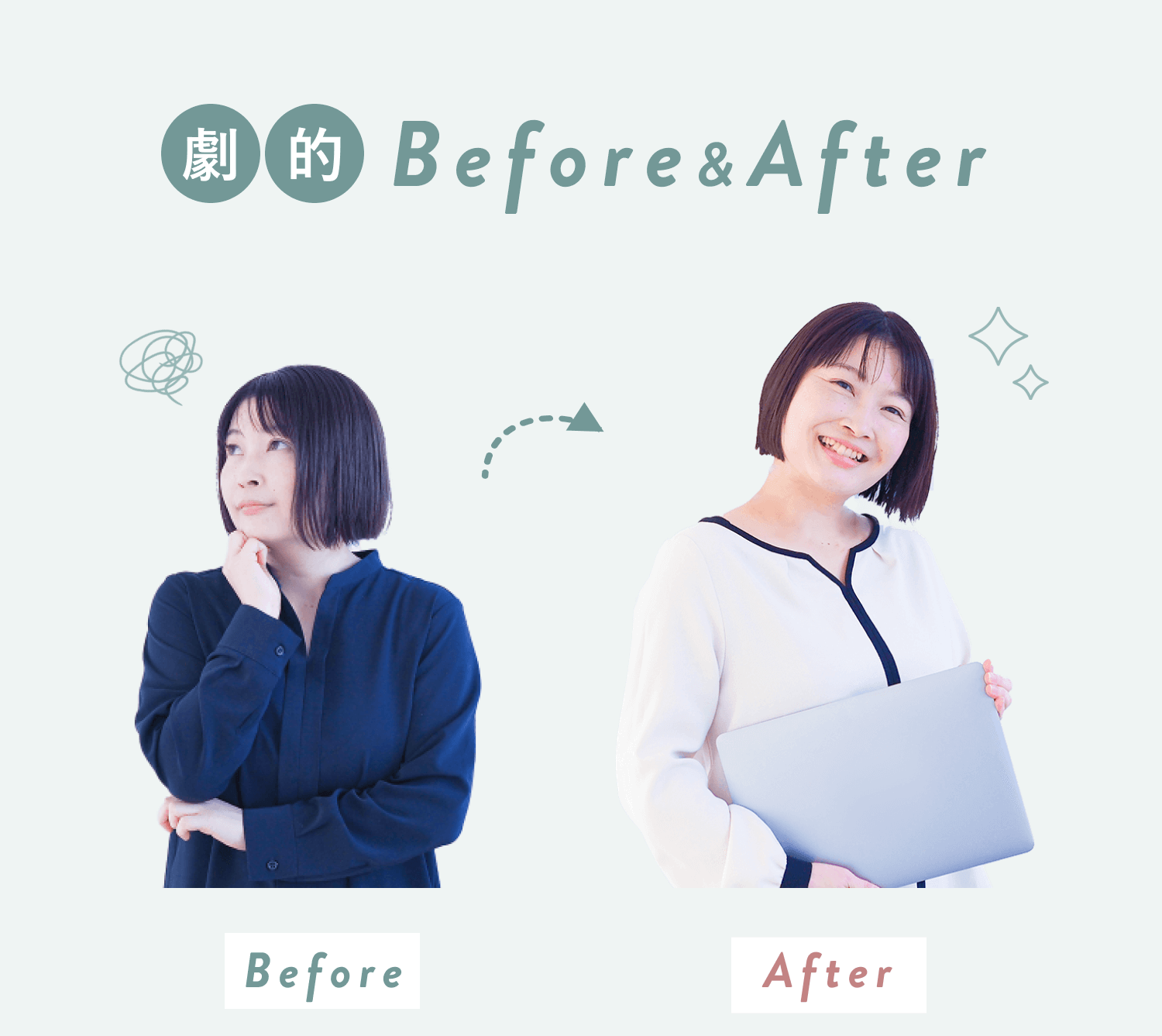 劇的Before&After。腕を組み考え込む表情のBeforeのあずさんと、ノートパソコンを抱えて微笑むAfterのあずさん