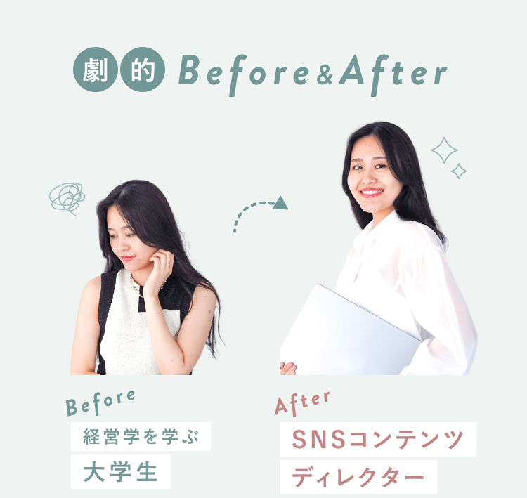 劇的Before&After。Beforeはうつむき加減で考え込むパウさんで、経営学を学ぶ大学生。Afterは書類を抱えて微笑むパウさんで、SNSコンテンツディレクター。