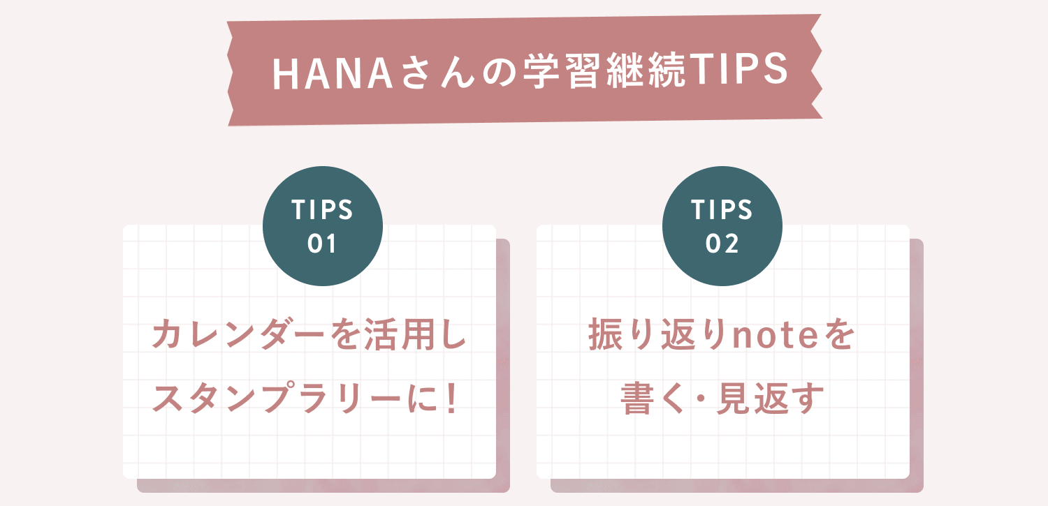 HANAさんの学習継続TIPS。TIPS01 カレンダーを活用しスタンプラリーに！ TIPS02 振り返りnoteを書く・見返す