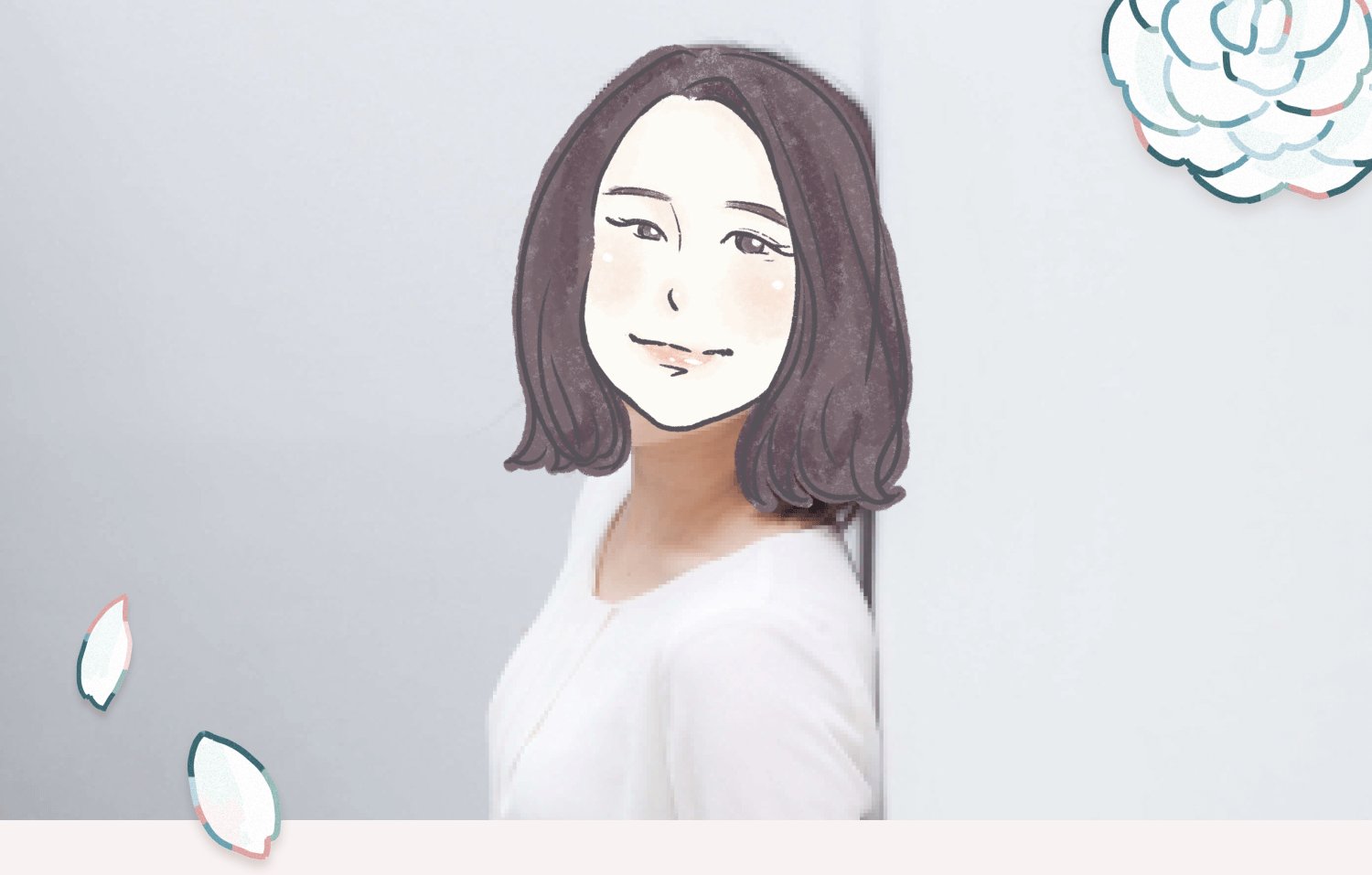 花と花びらのイラスト装飾に囲まれたHANAさんのポートレート
