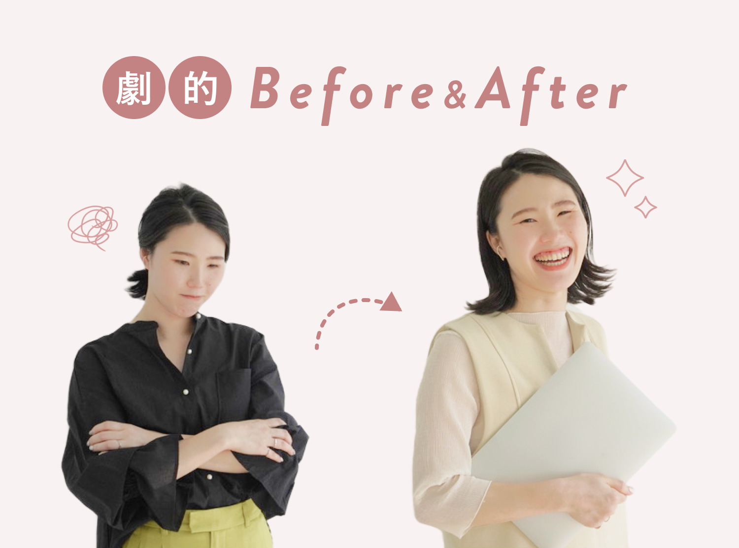 劇的Before&After。Beforeは腕を組み表情を曇らせるakiさんの写真。AfterはノートPCを抱え笑顔のakiさんの写真