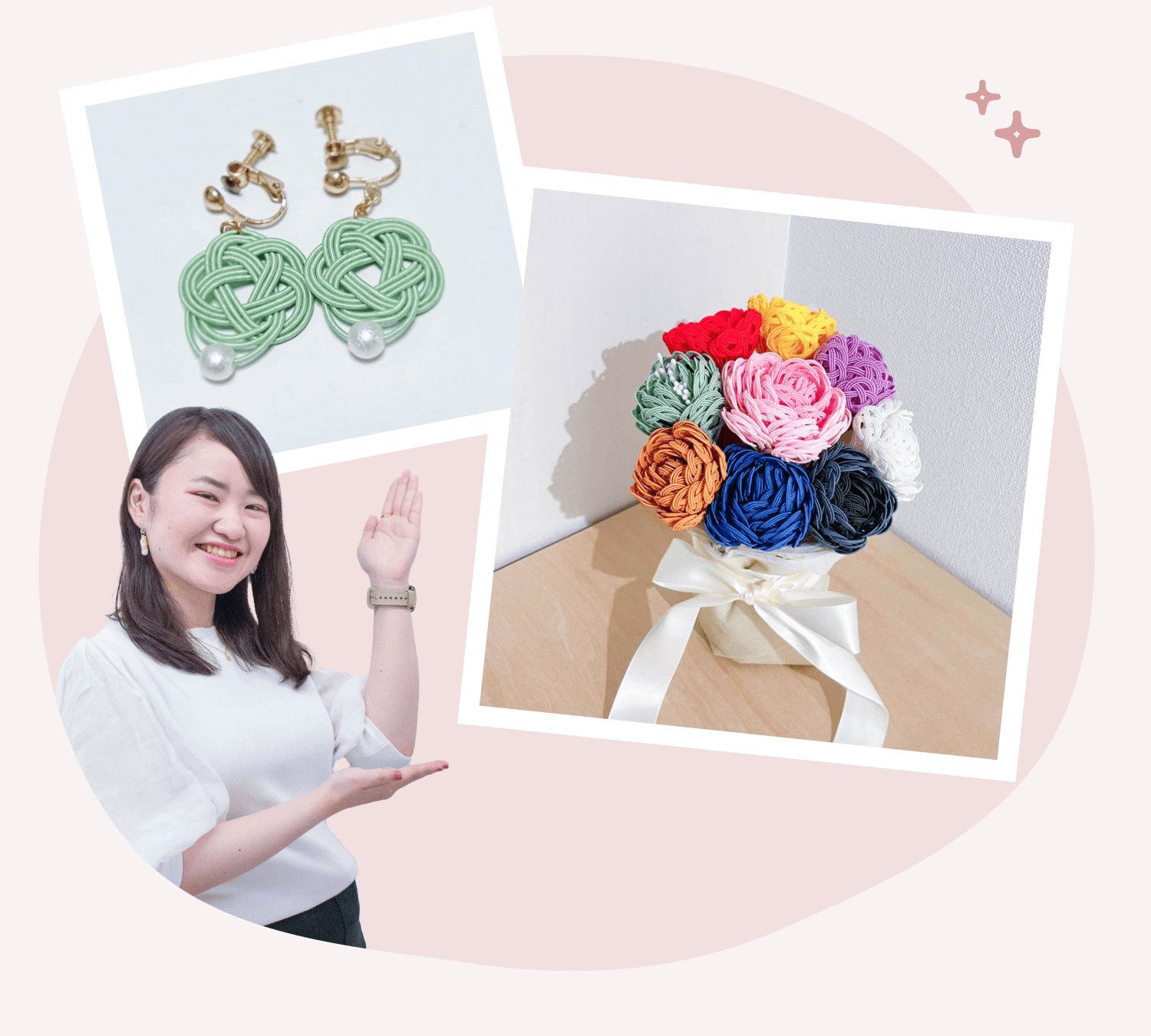 水引の緑色ピアスと、赤・黄・紫・ピンク・オレンジ・紺・白の水引で作られたカラフルな花束の写真、それらを手のひらで指し示すぺちさんの全身写真が重なった構図