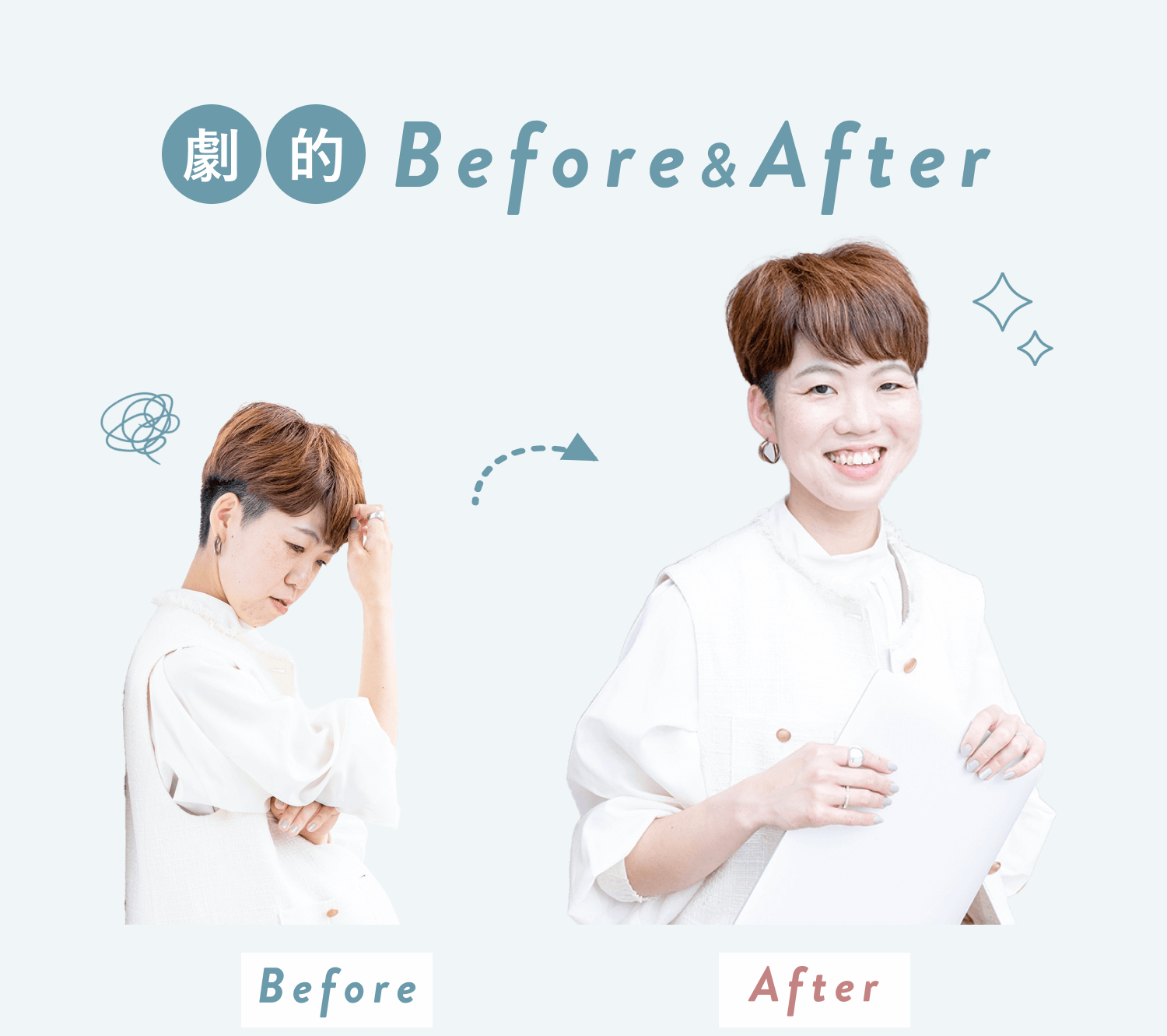 劇的Before&After。Beforeはうつむいて考え込む白いワンピース姿の専業主婦時代のSAYAKAさん、Afterは書類を持ち微笑むフリーランスデザイナーのSAYAKAさん。