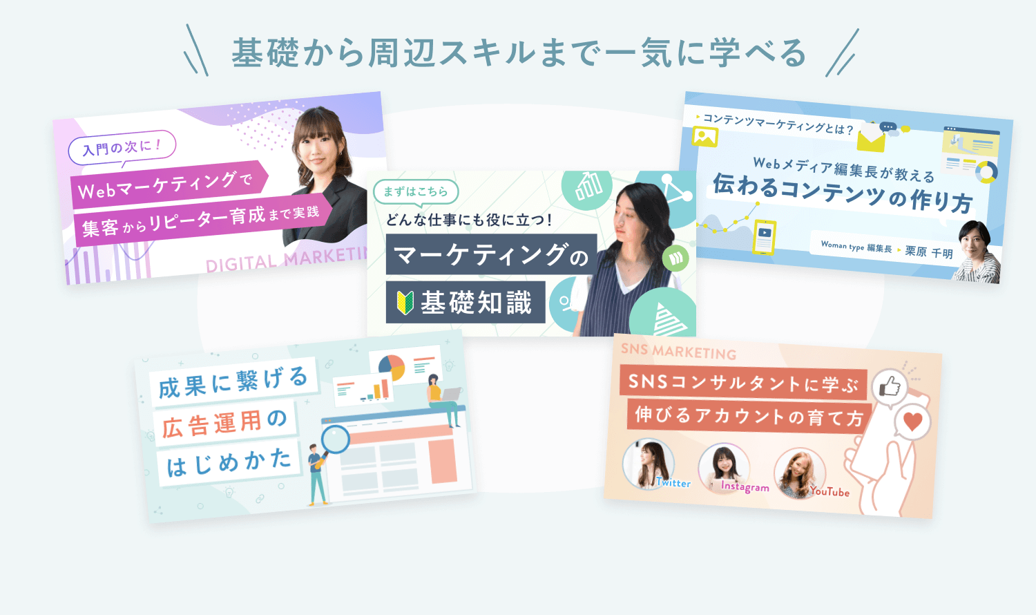 「基礎から周辺スキルまで一気に学べる」の見出しと、SHElikesのコース動画サムネイル5点（Webマーケティング講座、マーケティングの基礎知識、伝わるコンテンツの作り方、広告運用のはじめかた、SNSアカウントの育て方）のグリッド