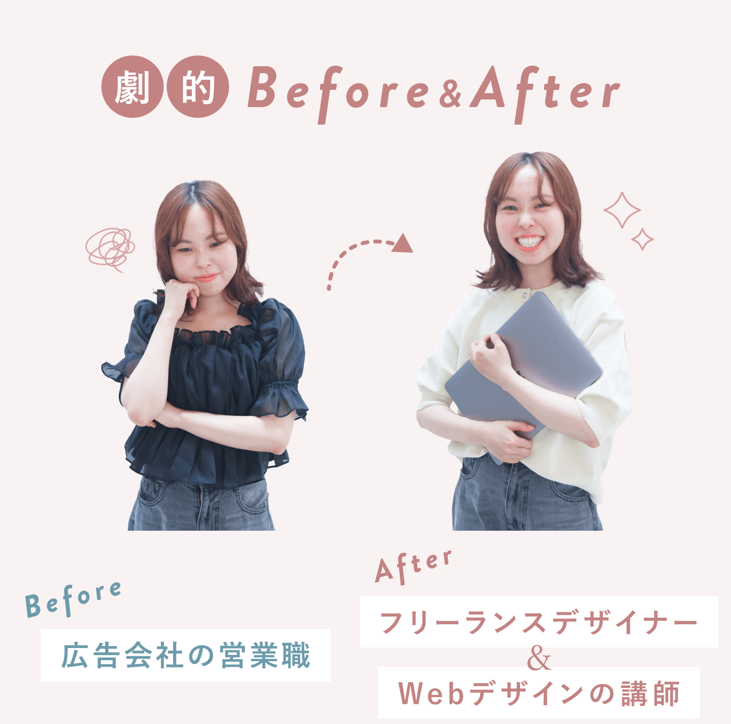 Before（頬に手をあてうつむく結風さん。広告会社の営業職）とAfter（ノートPCを抱えて笑顔の結風さん。フリーランスデザイナー&Webデザインの講師）の比較写真