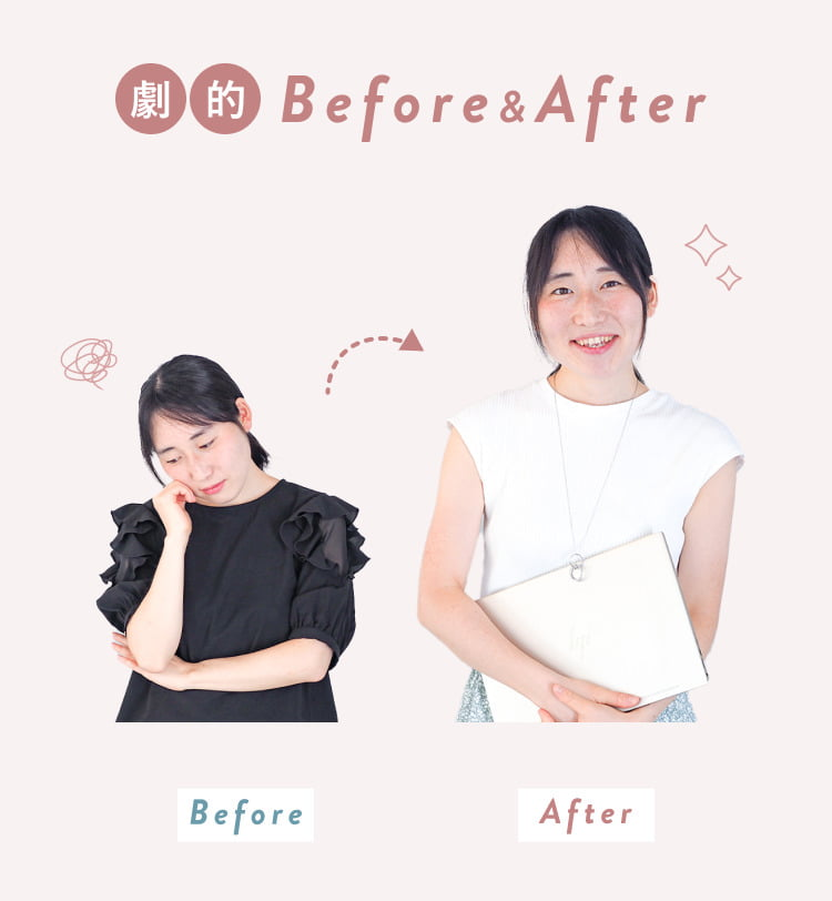 「劇的Before&After」の見出しと比較写真。Beforeはうつむき加減で考え込む表情のこじゆかさん、Afterは書類を抱えて笑顔のこじゆかさん。Before・Afterのラベル付き