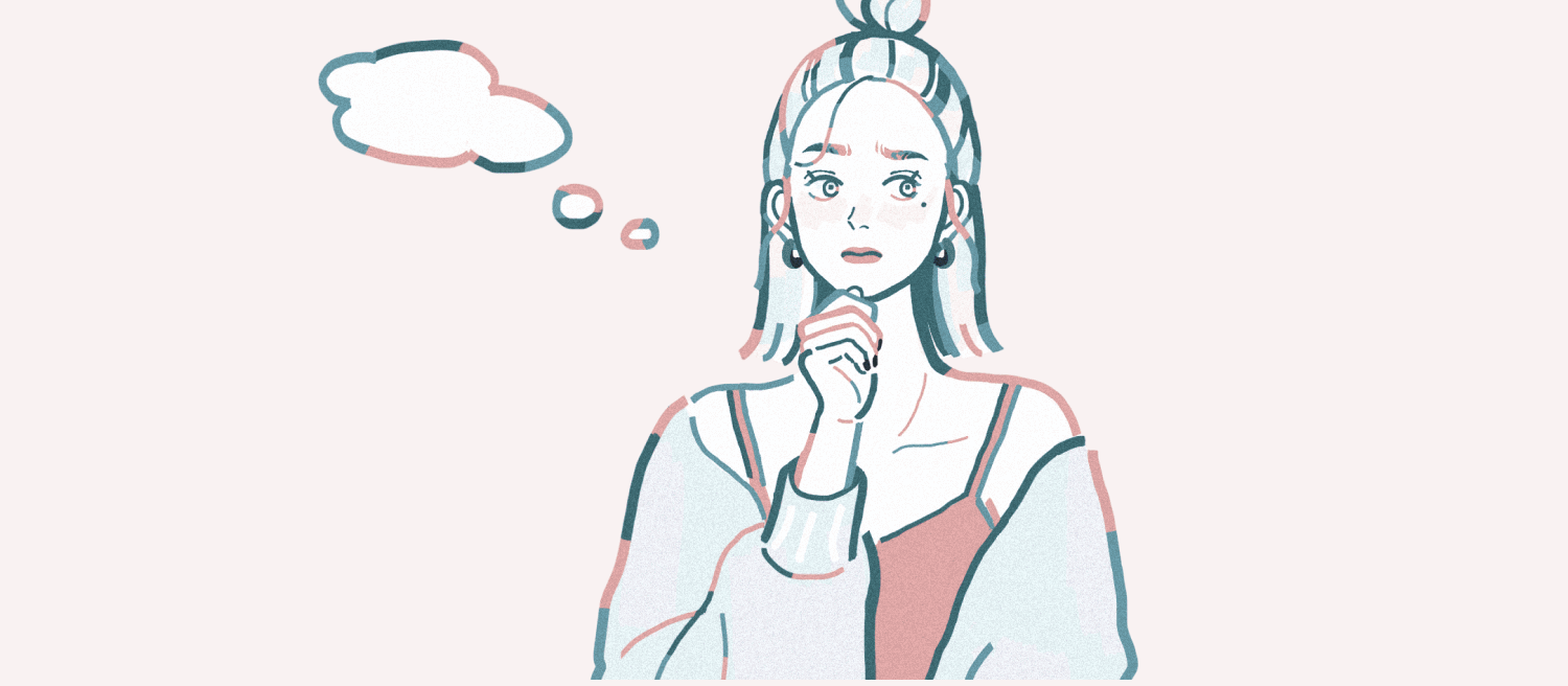 吹き出しを浮かべて考え込む女性のイラスト
