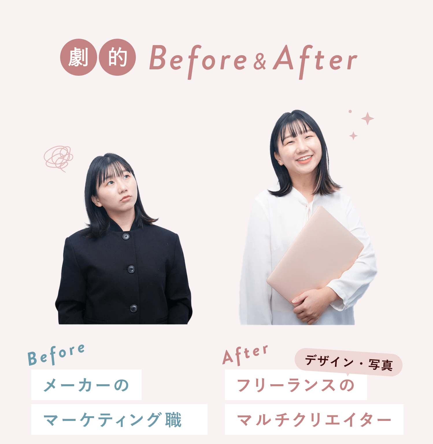 劇的Before&After。Beforeはメーカーのマーケティング職として悩んだ表情の千晴さん、Afterはフリーランスのマルチクリエイターとして白ブラウス姿でノートPCを抱え微笑む千晴さん