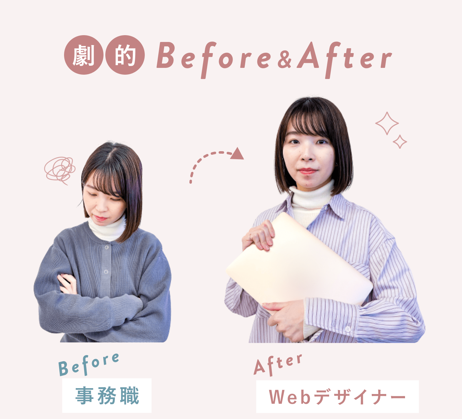 千晴さんのBefore（暗い表情で腕を組む事務職時代）とAfter（ノートPCを抱え微笑むWebデザイナー時代）の比較写真
