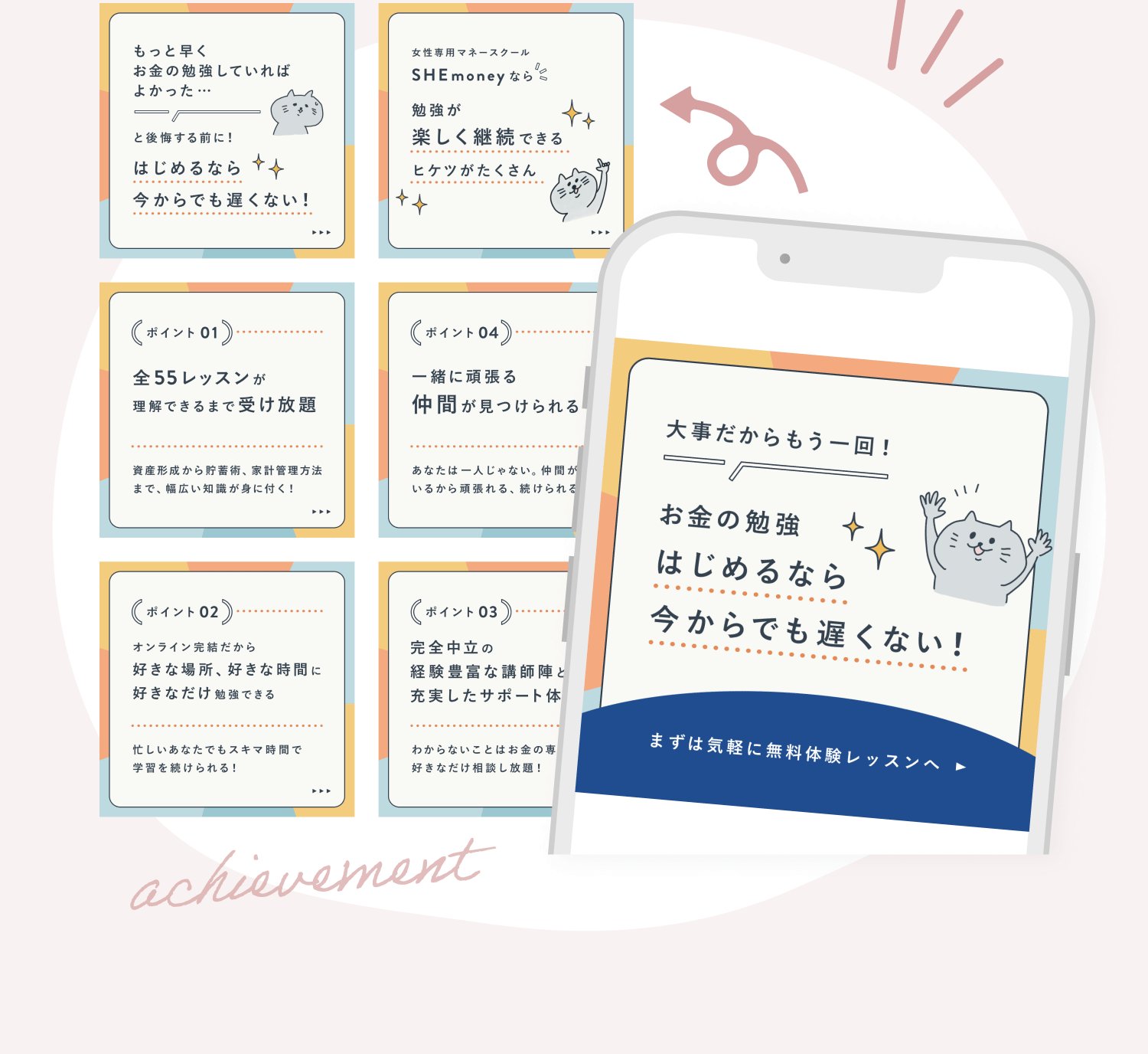 女性向けマネースクールSHEmoneyの訴求カード一式とスマートフォン画面のモックアップ、「achievement」の手書き風装飾