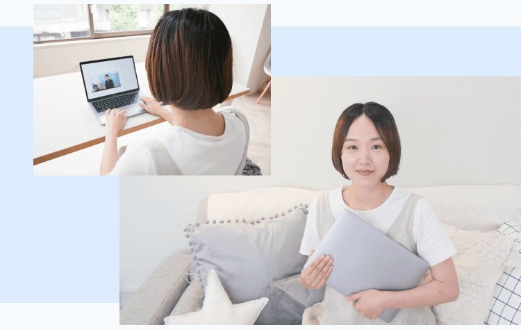 自宅でノートPCの画面を見ながらメモを取る後ろ姿と、ソファでタブレットを抱えて微笑むいおはるさん