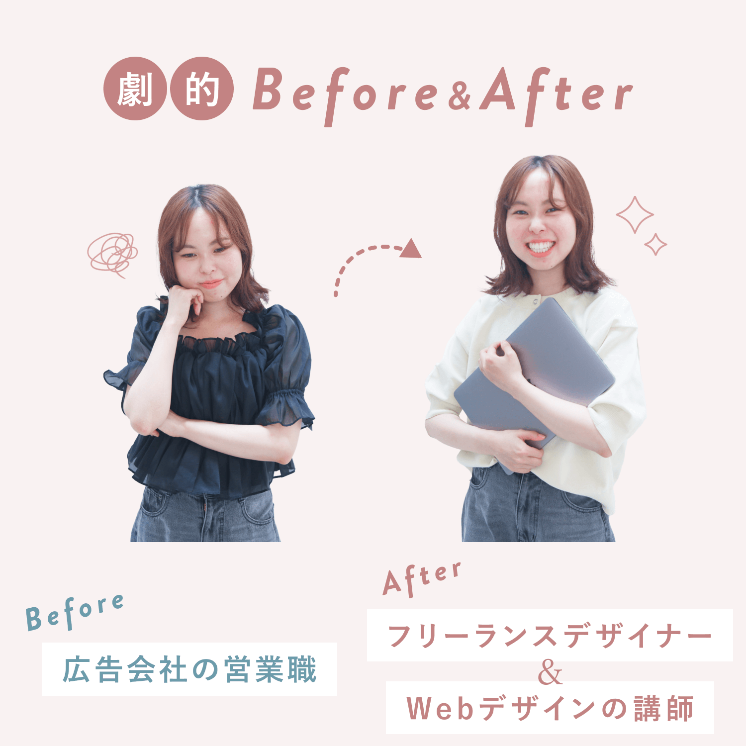 結風さんのBefore＆After。広告会社の営業職からフリーランスデザイナー＆Webデザインの講師へ
