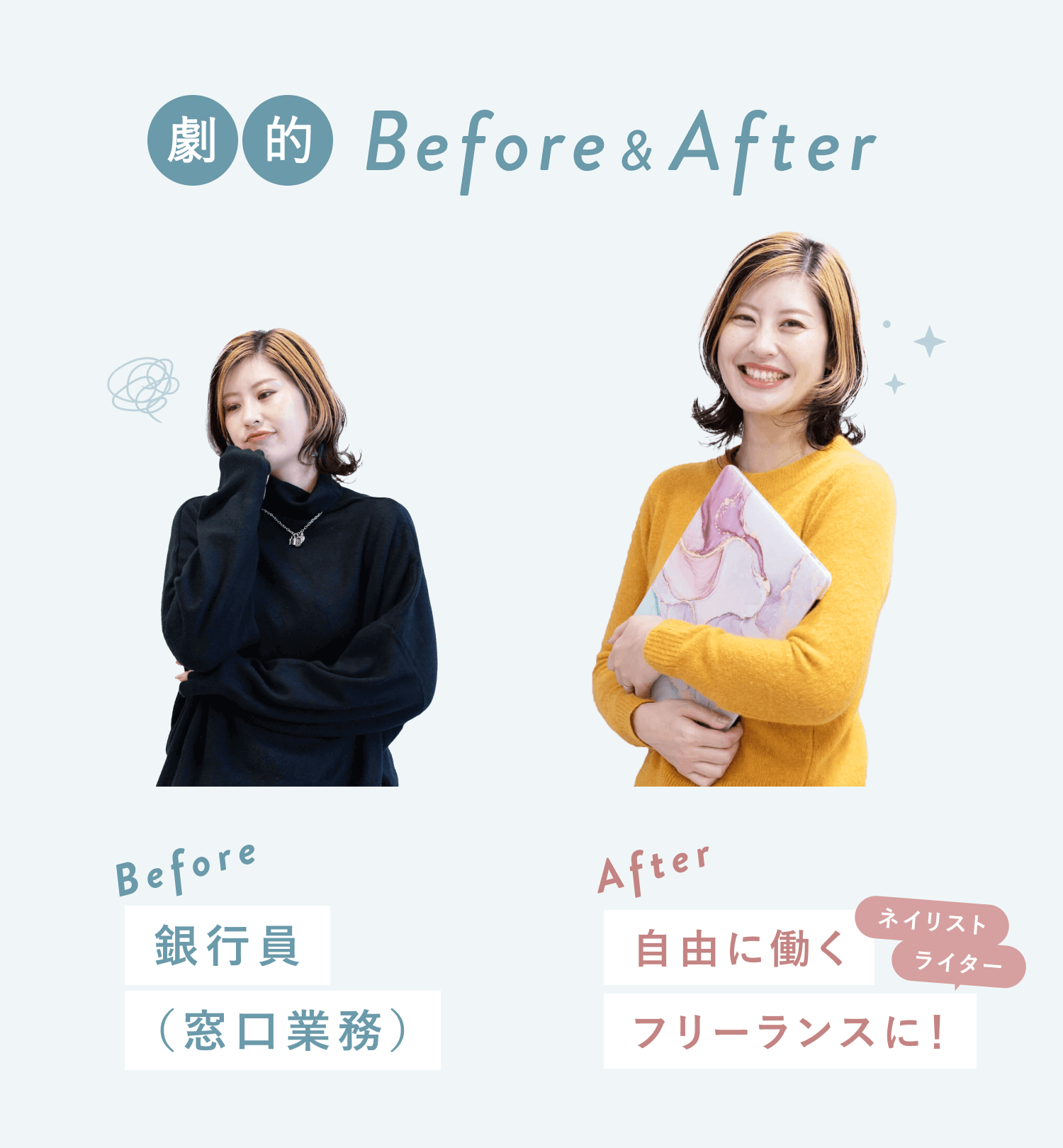 haluさんのBefore（黒いタートルネックで困り顔）とAfter（黄色いニットで大理石柄ノートPCを抱え微笑む）の比較写真。銀行員（窓口業務）からネイリスト・ライターとして自由に働くフリーランスへ