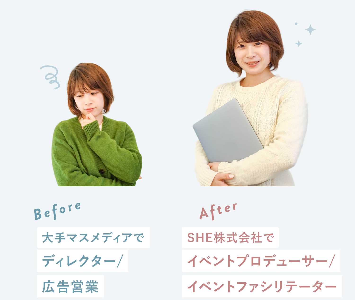 Before（頬に手を当てて思案顔のぴょすさん。大手マスメディアでディレクター／広告営業）とAfter（ノートPCを抱えて微笑むぴょすさん。SHE株式会社でイベントプロデューサー／イベントファシリテーター）の比較写真