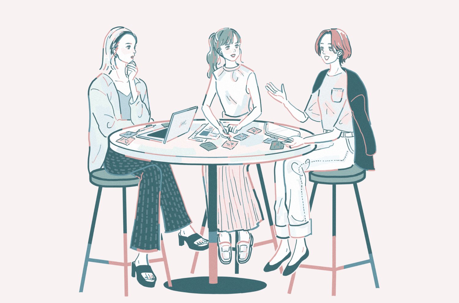 円形テーブルを囲んで談笑する3人の女性のイラスト
