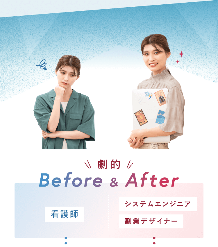 劇的Before&After。看護師だったさくらさん（Before）と、システムエンジニア＆副業デザイナーになったさくらさん（After）の写真。Before：看護師。After：システムエンジニア＆副業デザイナー