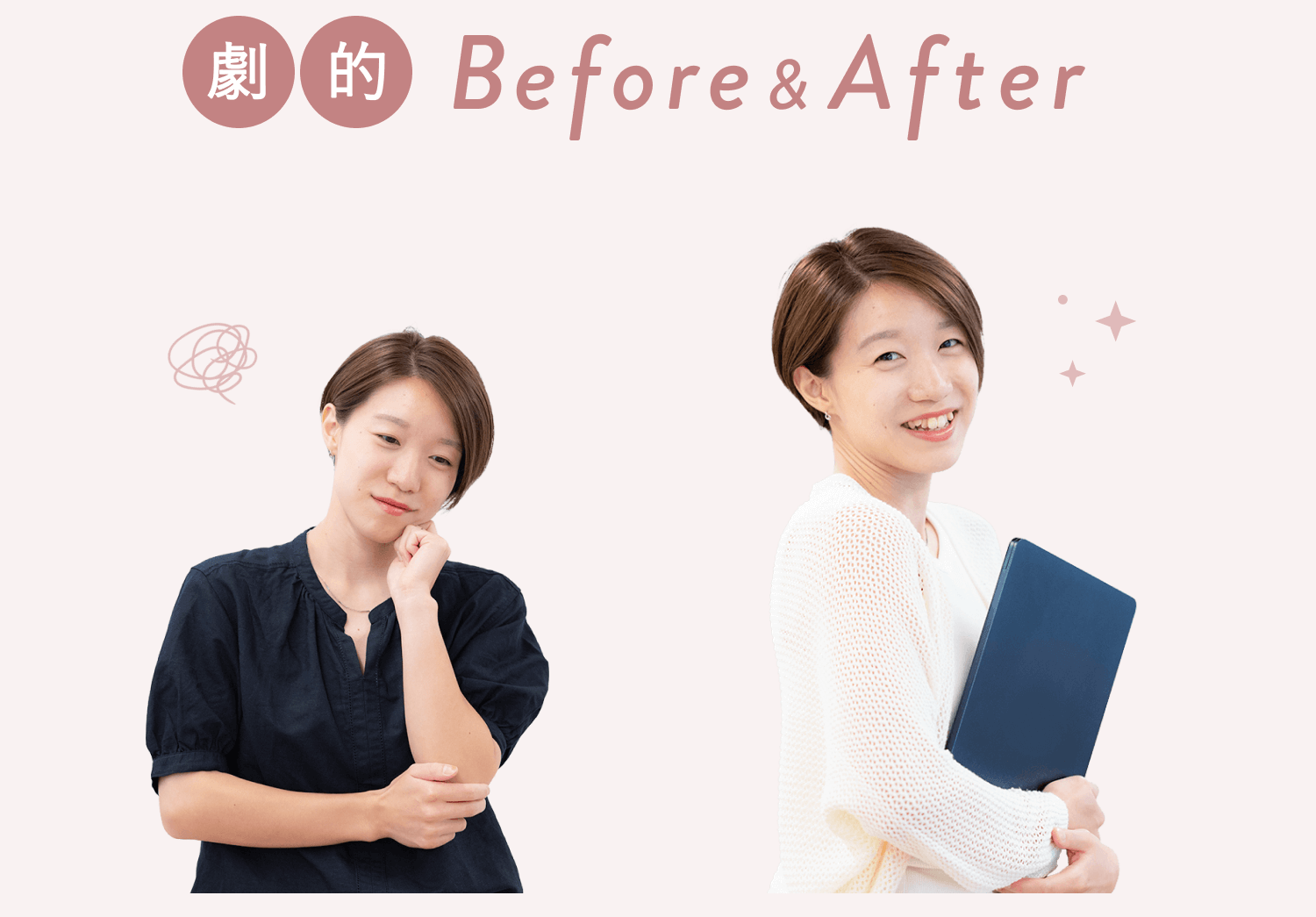 「劇的Before&After」の見出しと、悩む表情でうつむくBefore（専業主婦時代）のちっひーさんと、ノートPCを抱えて微笑むAfter（複業デザイナー）のちっひーさんの2枚のポートレート