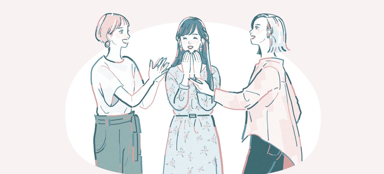 3人の女性が笑顔で話し合う様子を描いた装飾イラスト