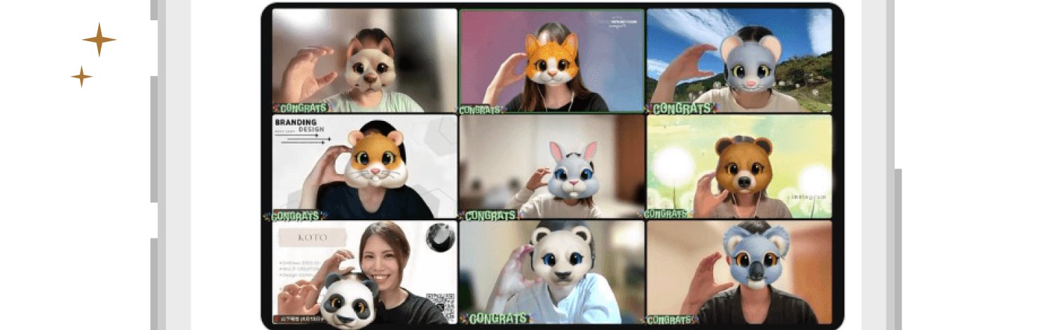 スマホ画面に表示されたKOTOさんのSNS投稿（動物フィルター9名の集合写真、オールマルシー会の様子）
