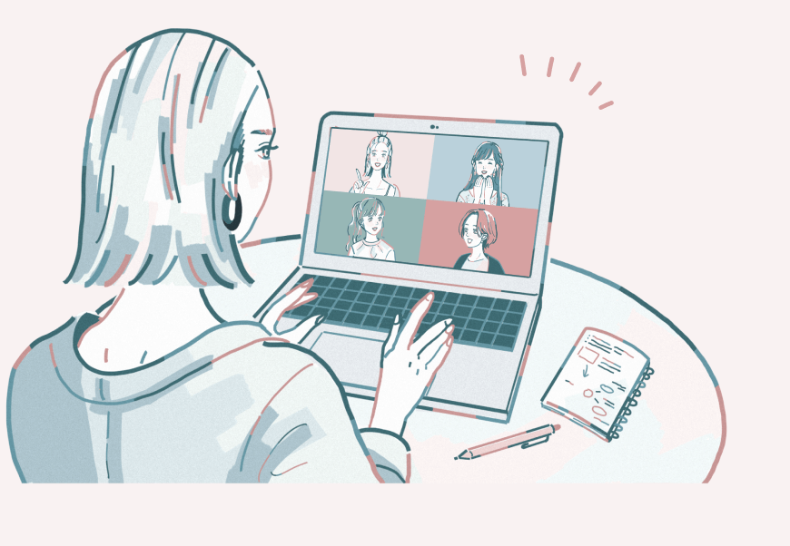 ノートパソコンでビデオ通話に参加する後ろ姿のイラスト(4人のコミュニティメンバーが画面に表示されている)
