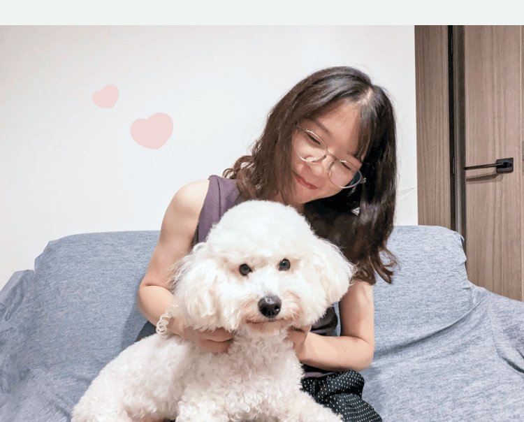 愛犬（トイプードル）を抱く本人のポートレート。自宅のソファで
