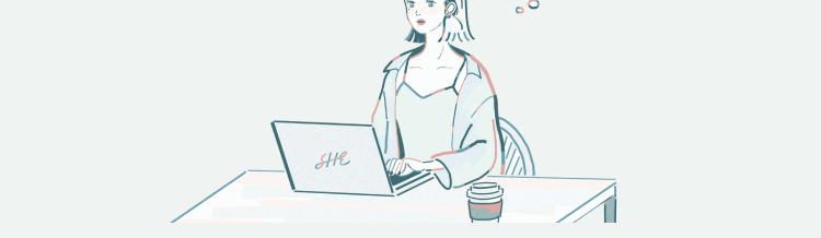 デスクでノートPCに向かい、頭上に思考の吹き出しを浮かせる人物のイラスト