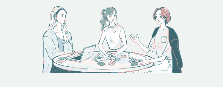 円卓に座り話し合う3人の女性のイラスト