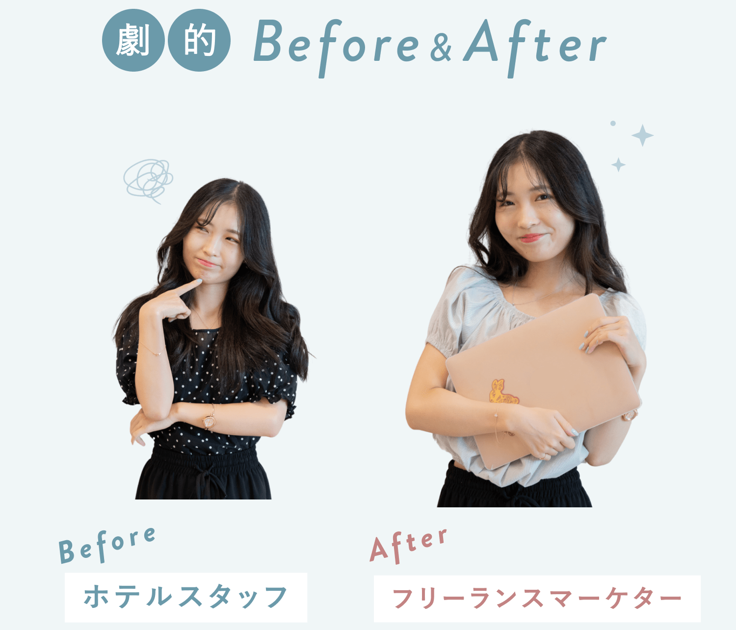 悩む表情でホテルスタッフの制服を着たBeforeのNabiさんと、ノートPCを抱えて微笑むフリーランスマーケターのAfterのNabiさんの対比写真