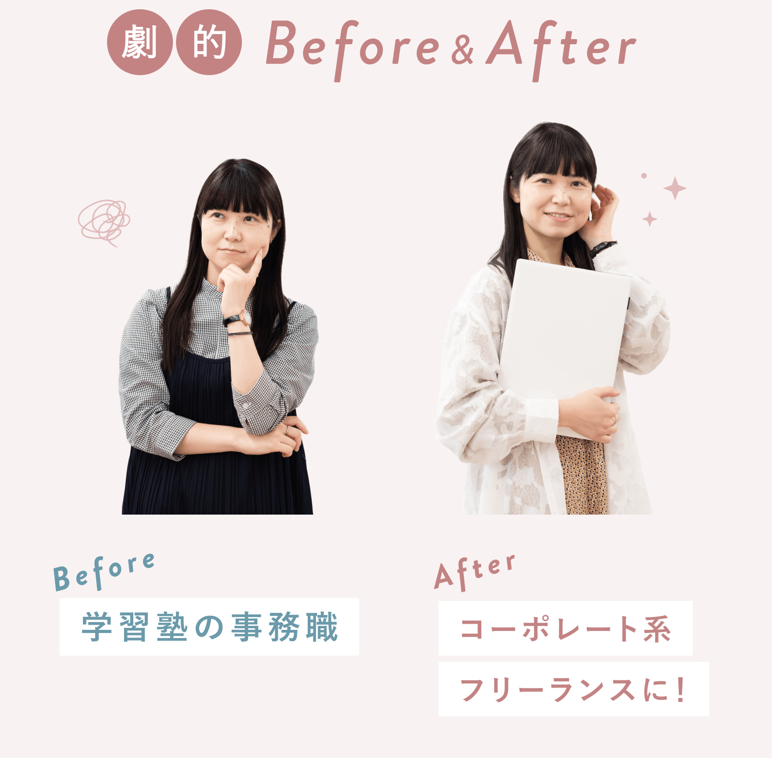 考え込む表情でBefore(学習塾の事務職)のちゃみさんと、書類を抱え微笑むAfter(コーポレート系フリーランス)のちゃみさんの比較写真