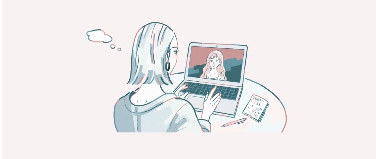 オンラインでコーチングを受ける女性の線画イラスト