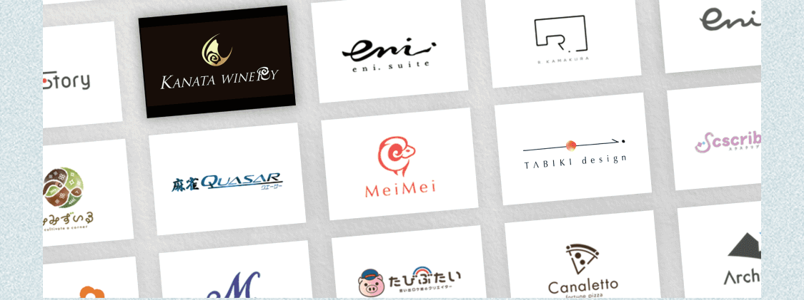 手がけたクライアントのロゴが並ぶポートフォリオ一覧（KANATA WINERY・eni.・MeiMei・TABIKI designなど）