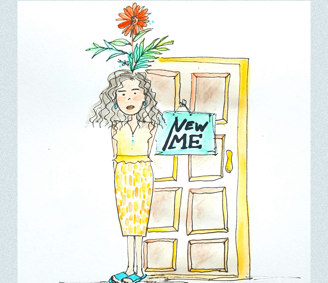 花を頭上に乗せて困り顔で立つ女性が、黄色いドアに掛かった「NEW ME」のプレートを見上げている手描き水彩イラスト