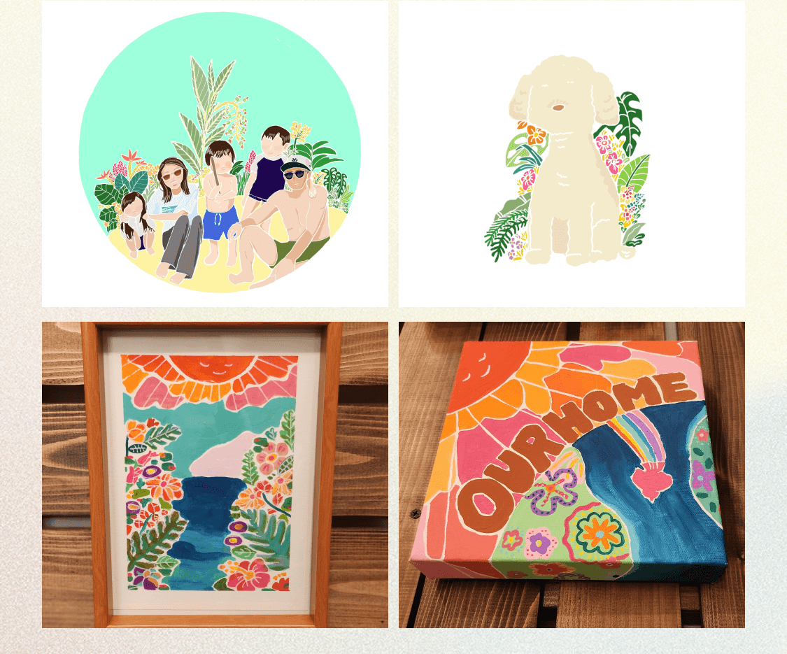 家族5人の丸型イラスト、犬のイラスト、額装された海の風景イラスト、「OUR HOME」と描かれた絵画の4枚組作品紹介