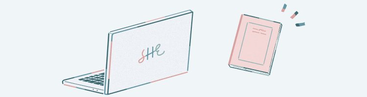 SHEのロゴが入ったノートPCと、閉じたノートのイラスト