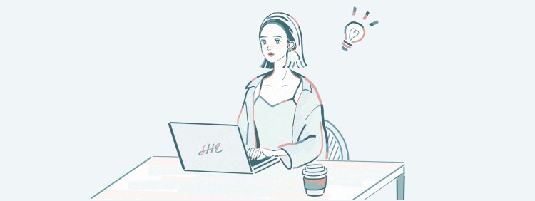 ノートPCに向き合いながら考える璃奈さんと、ひらめきを示す電球のイラスト